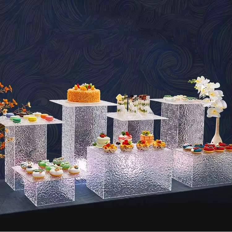 Custom Acrylic buffet Stand Buffet Riser iriddescent fancy wedding acrylic banquets catered food cakes Dessert display stand