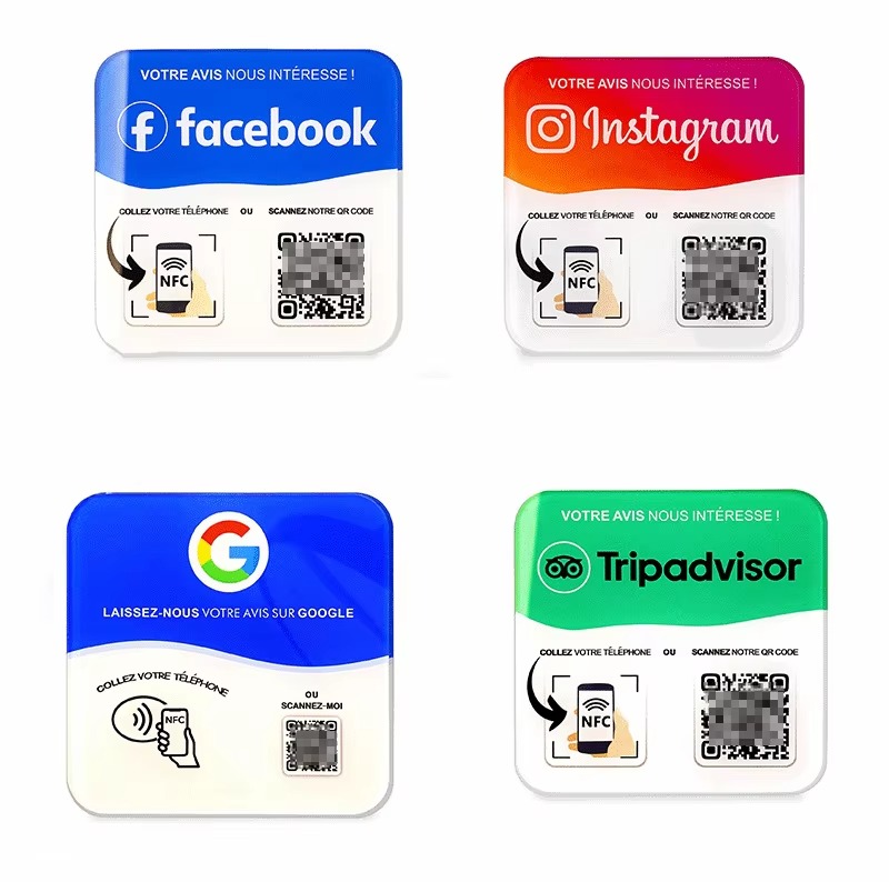 Acrylic or PVC waterproof NFC Google ins review card with QR Code mobile URL restaurant ordering table sticker